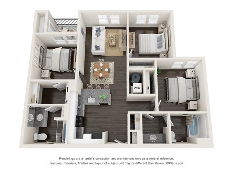 Floor plan for 3 beds, 2 baths, 1110 sqft